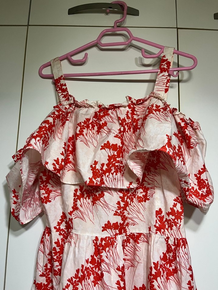 Kırmızı Desenli Uzun Pamuklu Volanlı Elbise - Görsel 3