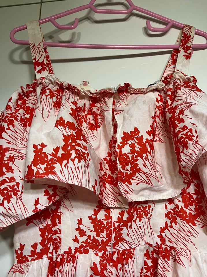 Kırmızı Desenli Uzun Pamuklu Volanlı Elbise - Görsel 5