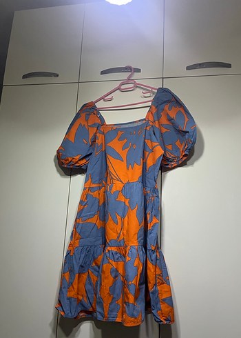 Turuncu Desenli Midi Elbise - Görsel 4