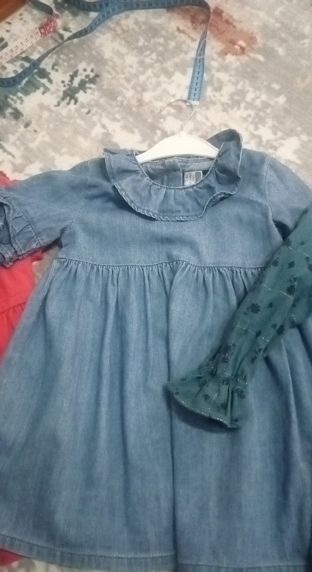 Uzun Kollu Mavi Kız Çocuk Elbise - Görsel 5