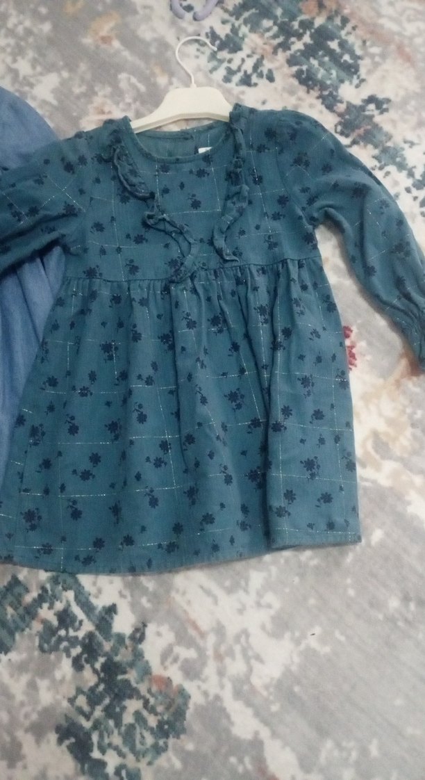 Uzun Kollu Mavi Kız Çocuk Elbise - Görsel 2