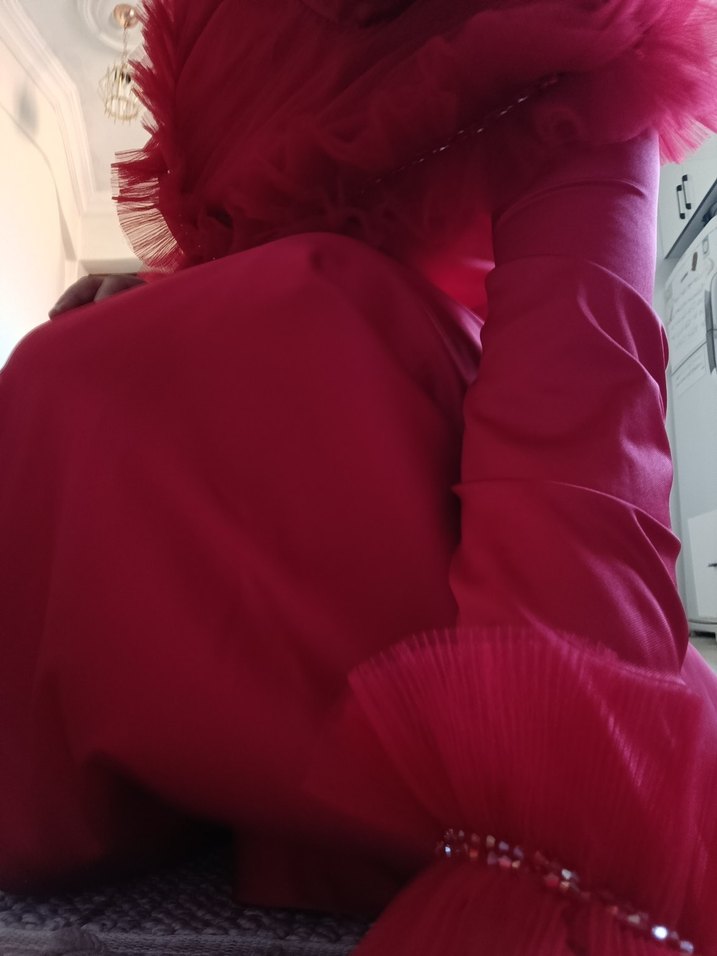 Uzun Kollu kırmızı Kadın Abiye - Görsel 3