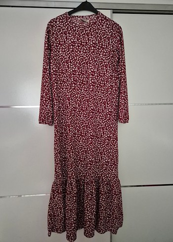 Bordo Uzun Kollu Volanlı Elbise