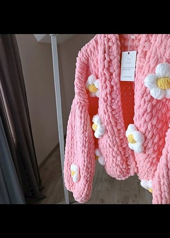 Diğer Çiçek Desenli Pembe Örgü Mini Hırka