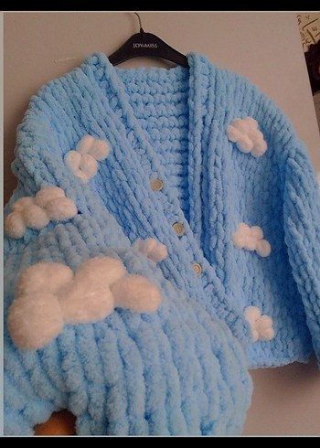 Bulut desenli mavi örgü kadın hırka - Görsel 4