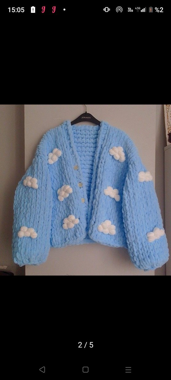 Bulut desenli mavi örgü kadın hırka - Görsel 2