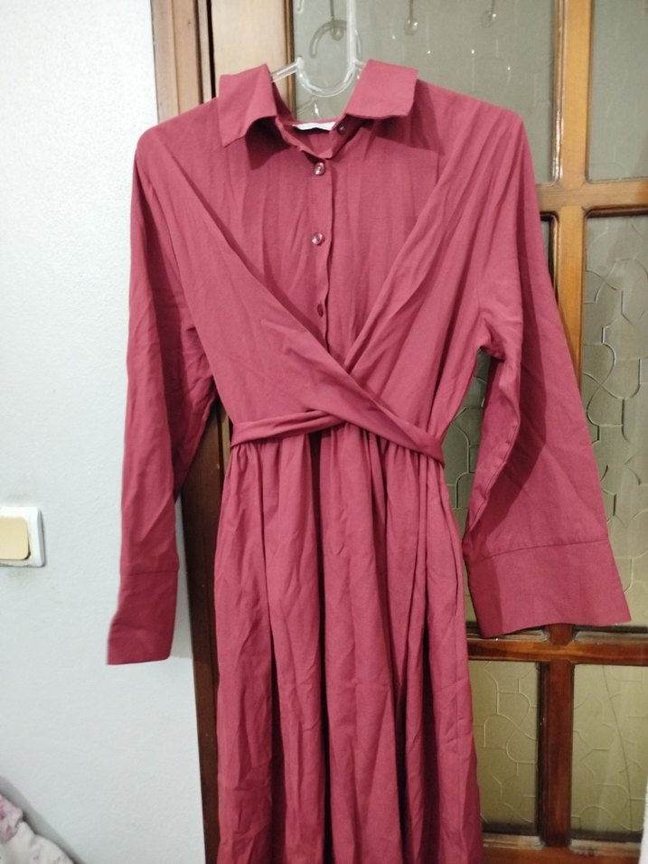 Bordo Drapeli Uzun Kadın Elbise - Görsel 3