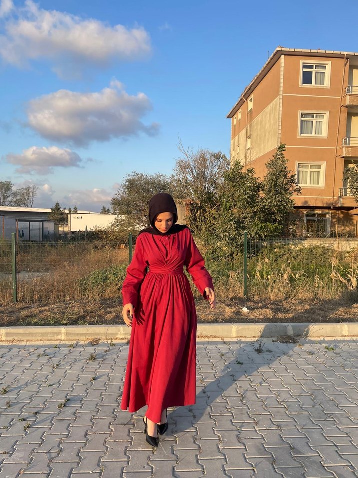 Bordo Drapeli Uzun Kadın Elbise - Görsel 2