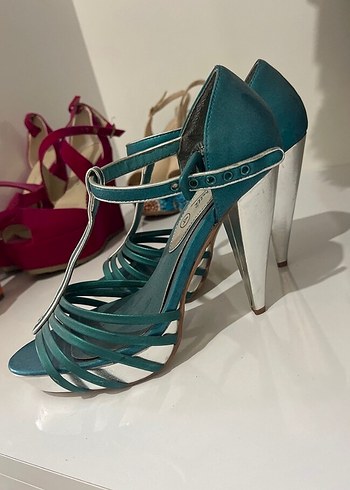 Turkuaz Parlak Tokalı Yüksek Topuklu Kadın Ayakkabı - Görsel 2