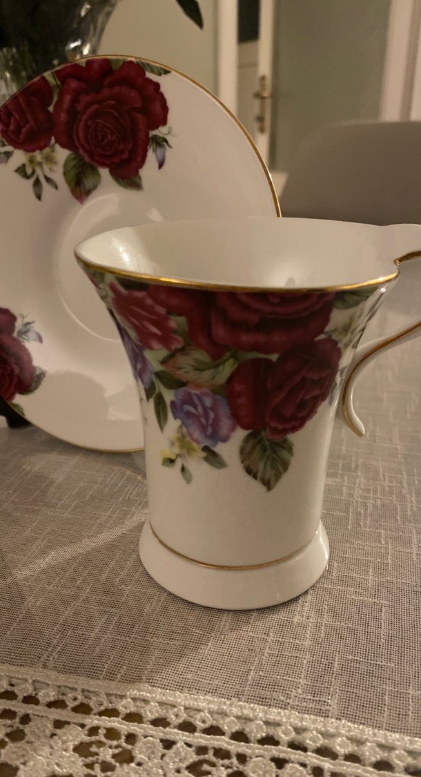 Bordo Çiçek Desenli Porselen Fincan ve Tabak - Görsel 2