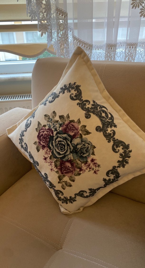 Bej Koyu Renkli Çiçek Desenli Dekoratif Yastık - Görsel 2