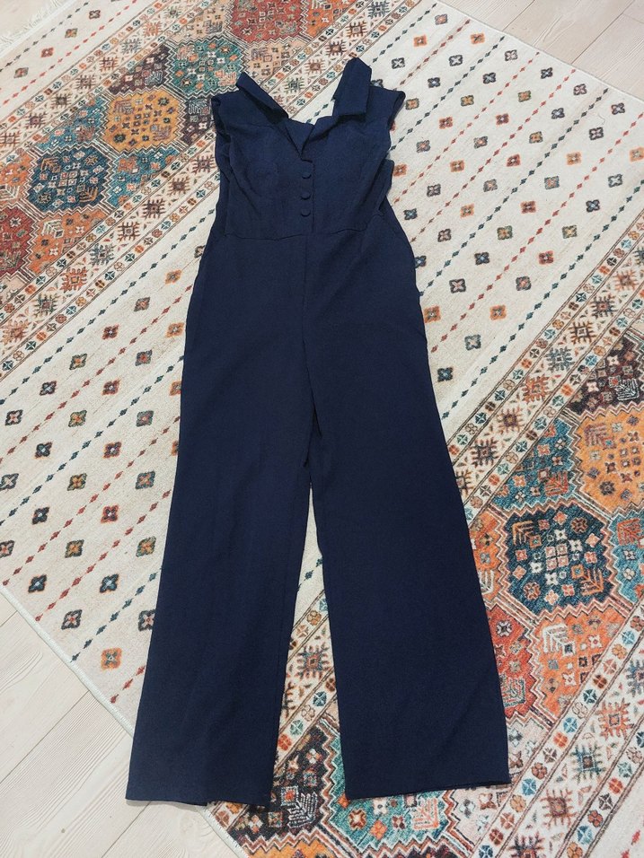 Lacivert V Yaka Düğmeli Kadın Tulum - Görsel 2