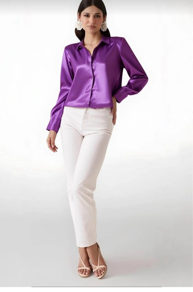 Mor V Yakalı saten gömlek - Görsel 2
