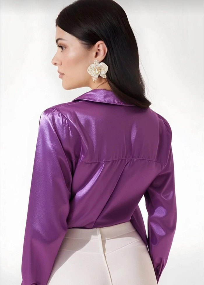 Mor V Yakalı saten gömlek - Görsel 3