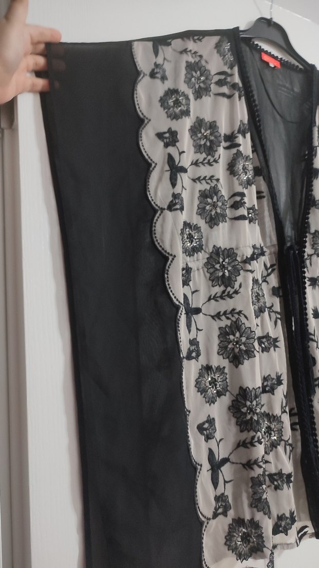 Gri Nakışlı Dantel Detaylı Bohem Kadın Kimono - Görsel 3