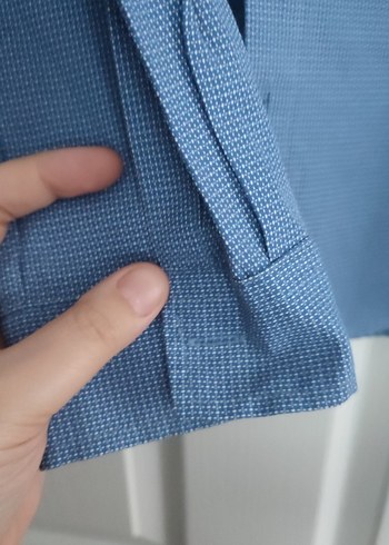 Düğmeli Mavi Keten Gömlek - Görsel 3