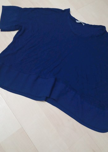 Zara Lacivert Kısa Kollu Keten Kadın Bluz