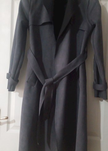 Gri Süet Uzun Kadın Trençkot - Görsel 3