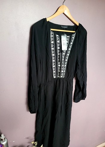 Nakışlı Siyah Bohem Hamile Tunik