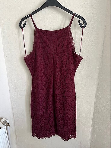 xl Beden bordo Renk Dantelli Askılı Elbise