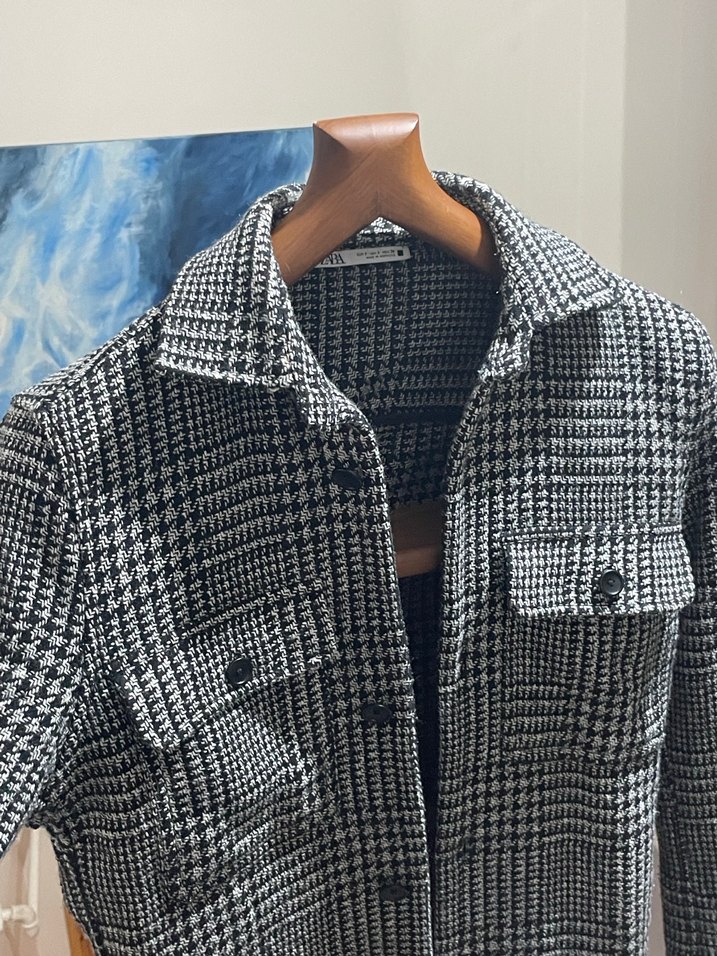 Düğmeli Gri Çizgili Desenli Zara Oversize Ceket - Görsel 2