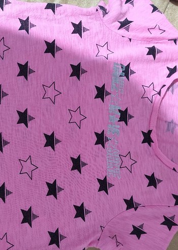 Pembe Yıldız Desenli Kız Tişörtü, kısa Kollu, Fırfırlı - Görsel 2