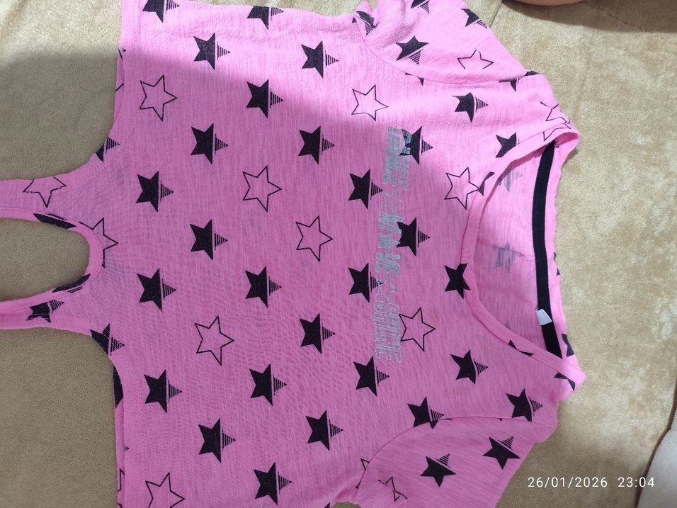 Pembe Yıldız Desenli Kız Tişörtü, kısa Kollu, Fırfırlı - Görsel 2