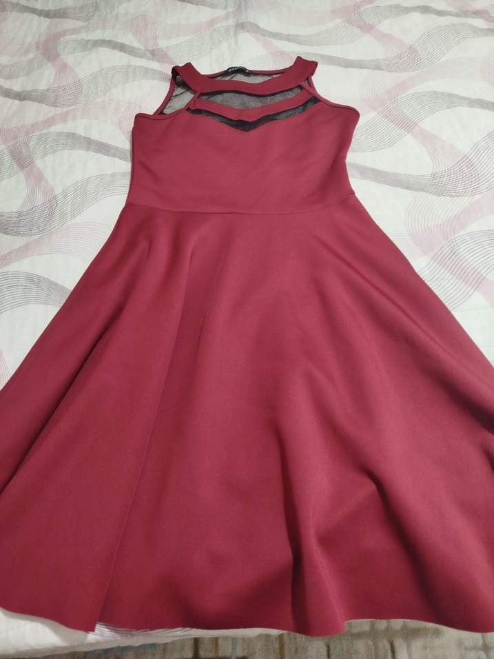 Bordo V-Yaka Kolsuz Midi Elbise - Görsel 2