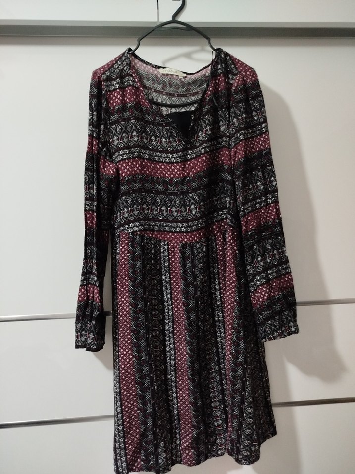 Bordo Desenli Uzun Örme Bohem Elbise - Görsel 3