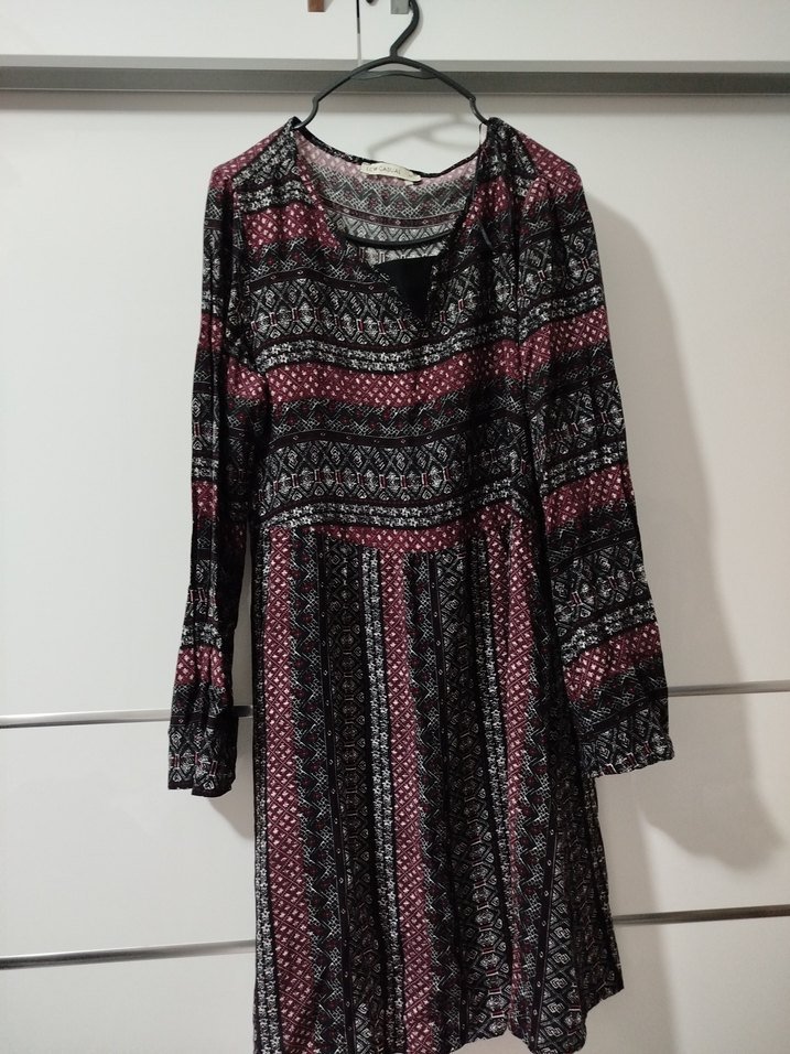 Bordo Desenli Uzun Örme Bohem Elbise - Görsel 2