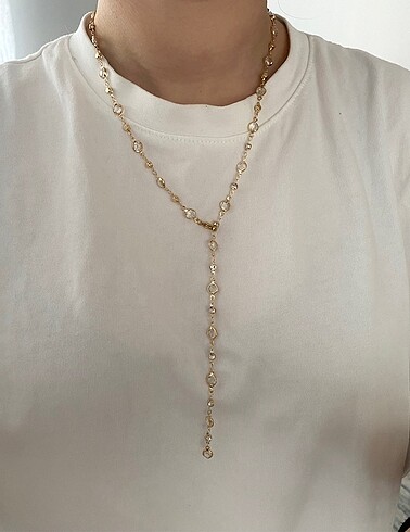Accessorize gold şeffaf taşlı y kolye