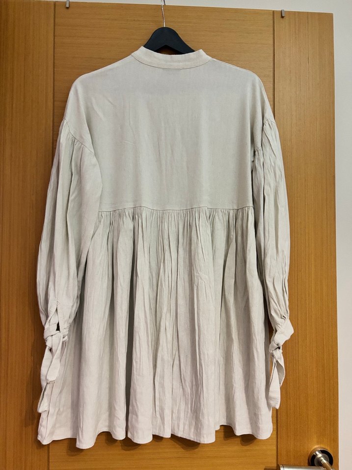 Bej Keten Midi Boy Düğmeli Bohem Tunik - Görsel 2