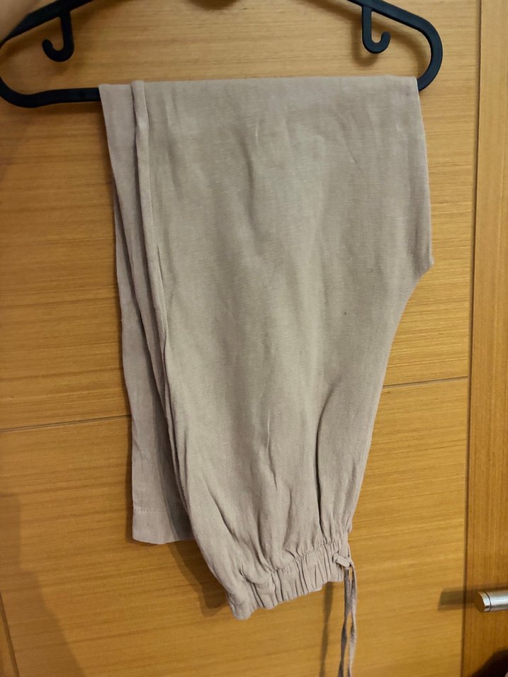 Bej Keten Düğmeli Uzun Kollu Gömlek - Görsel 3