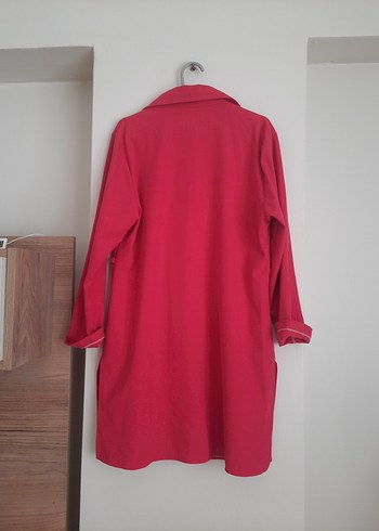 Kırmızı Düğmeli Keten Kadın Gömlek tunik - Görsel 2