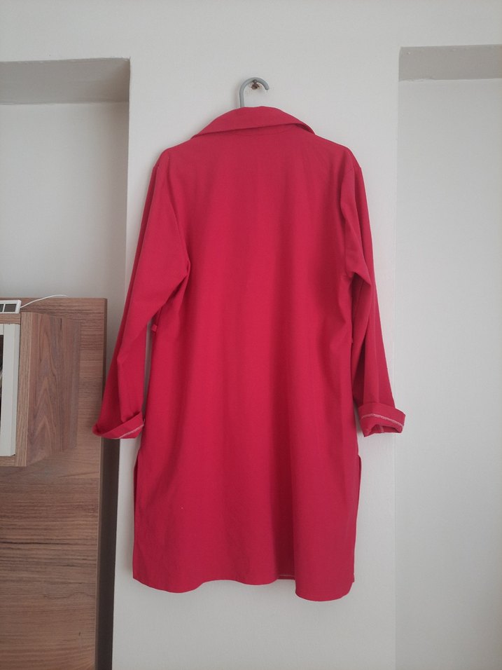 Kırmızı Düğmeli Keten Kadın Gömlek tunik - Görsel 2