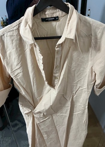 Bej Kısa Kollu Keten Bluz - Görsel 2