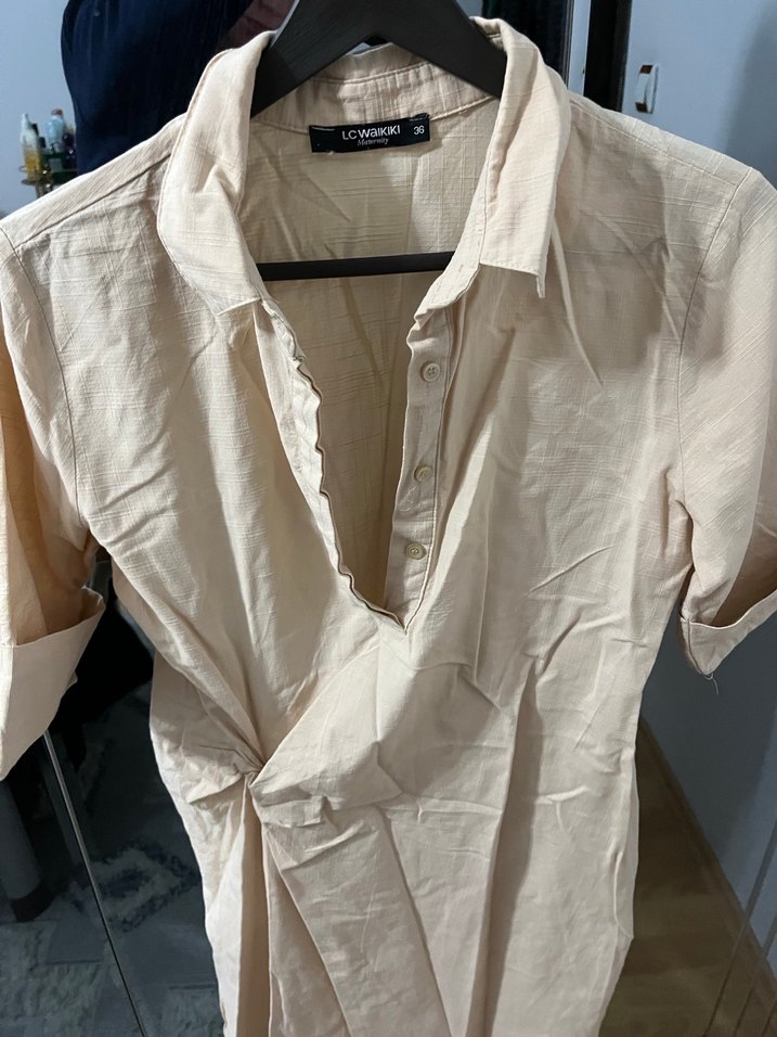 Bej Kısa Kollu Keten Bluz - Görsel 2