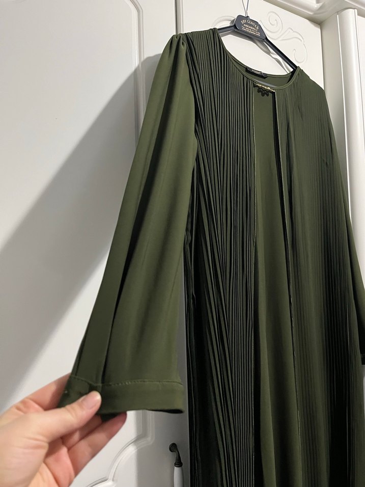 Kadın Haki Piliseli Uzun Kollu Elbise - Görsel 2