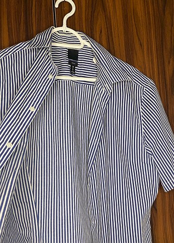 HM Erkek Mavi Çizgili Kısa Kollu Gömlek - Görsel 4
