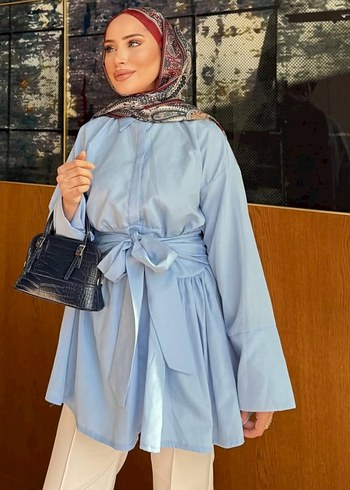Diğer Mavi Kuşaklı Uzun Kollu Salaş Tunik