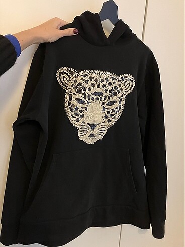 XL Kaplan Aplikeli, Kapüşonlu Hoodie / Sweatshirt (İkinci El)