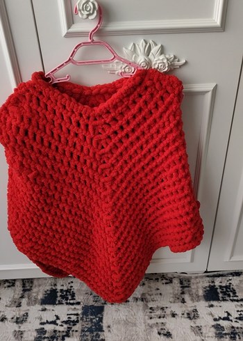 Kız Çocuk Kırmızı Örgü Panço - Görsel 2