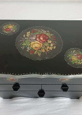 Diğer El Yapımı Çiçek Desenli Siyah Makyaj Organizer Kutusu Ahşap