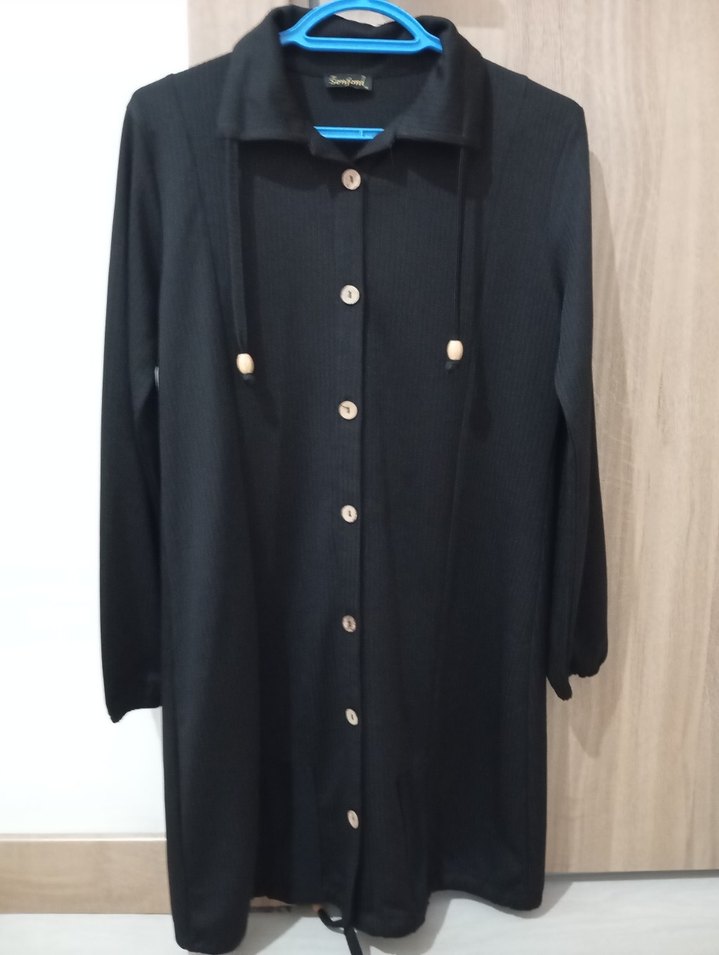 Düğmeli Siyah Uzun Kadın Kaban - Görsel 2