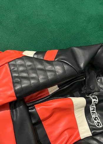 Diğer Turuncu Siyah Çizgili Deri Biker Ceket