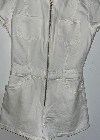 Kadın Beyaz Kısa Kollu Keten Tulum - Görsel 2