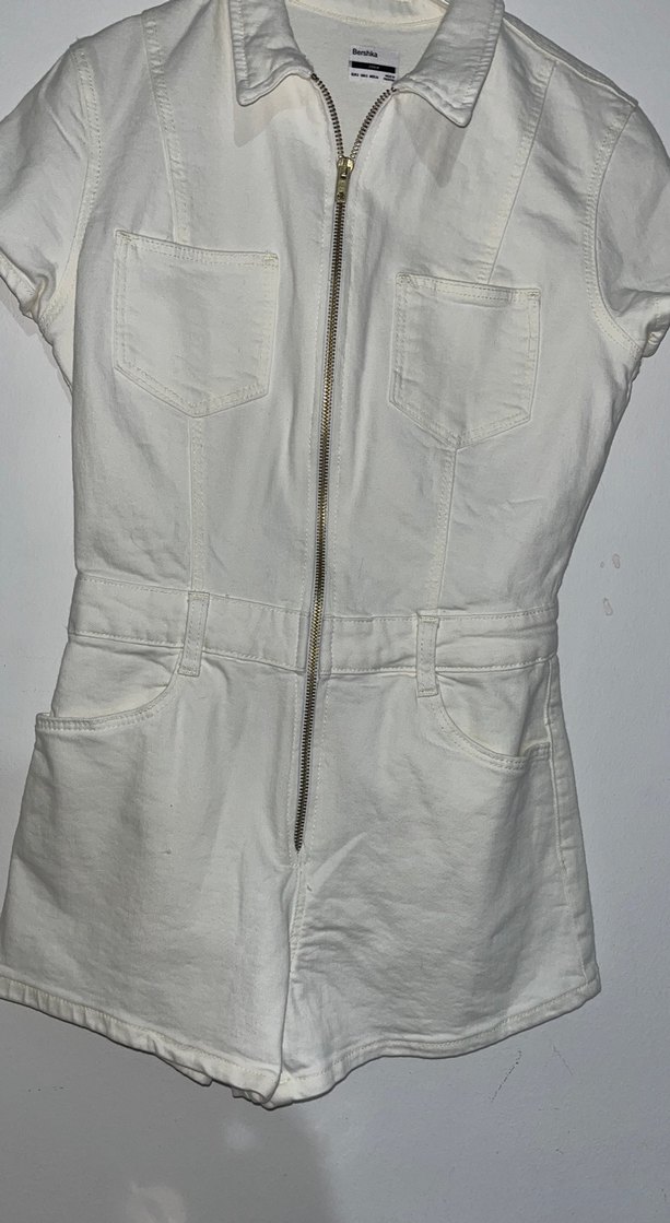 Kadın Beyaz Kısa Kollu Keten Tulum - Görsel 2