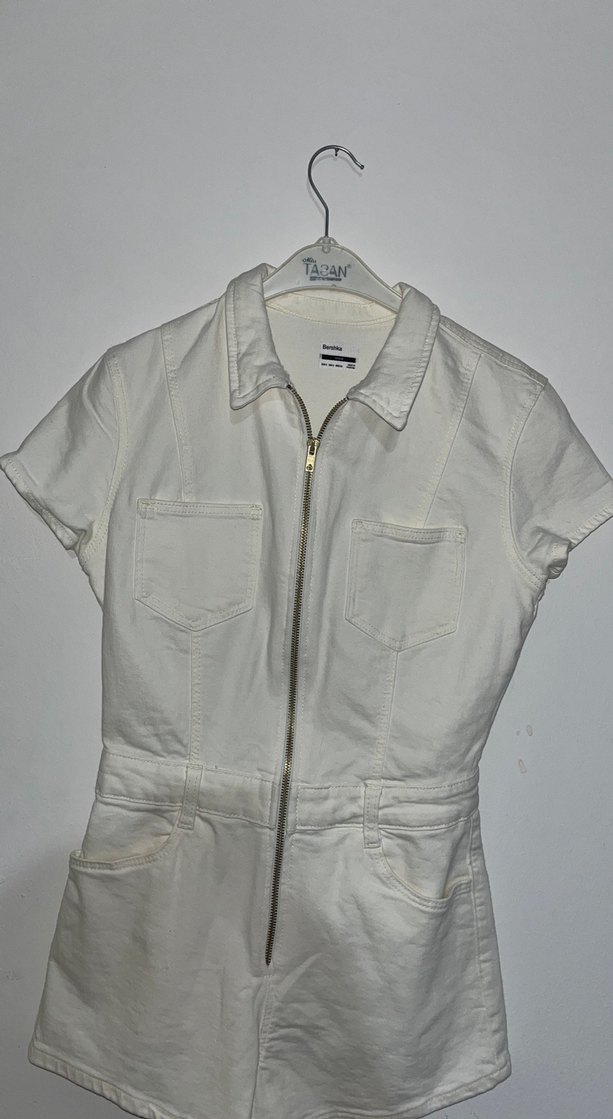 Kadın Beyaz Kısa Kollu Keten Tulum - Görsel 3