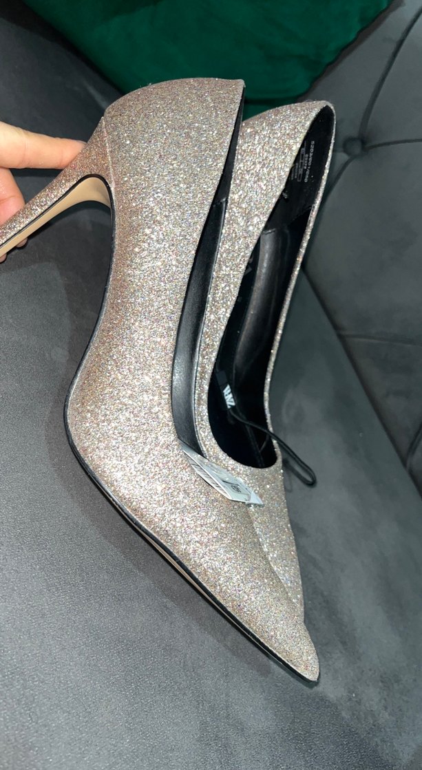 Zara Gri Simli Stiletto Topuklu Kadın Ayakkabı - Görsel 2