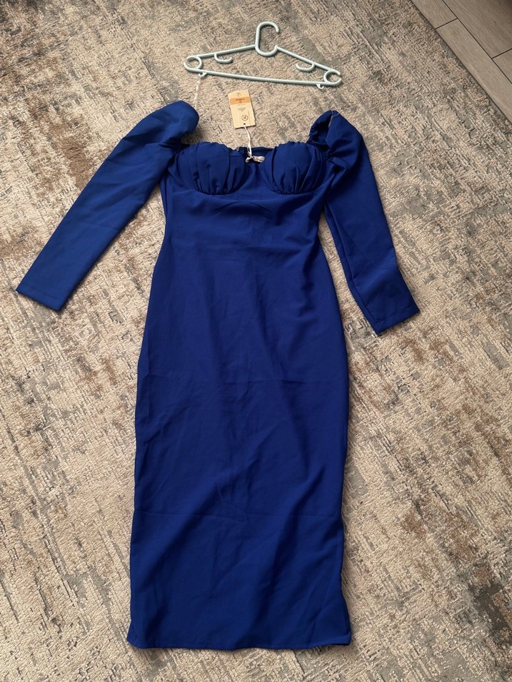 Uzun Kollu V Yaka Mavi Kalem Elbise - Görsel 2